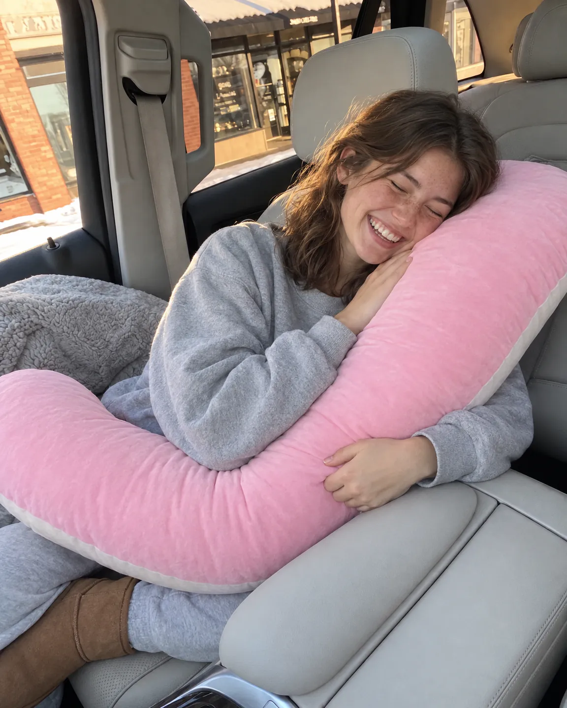 Jeune femme qui rit en enlaçant le coussin sur le siège passager d'une voiture