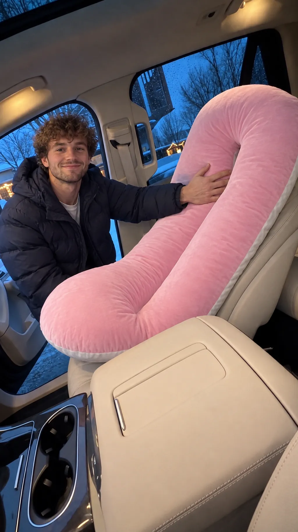 Jeune homme qui pose le coussin sur le siège passager un soir d'hiver